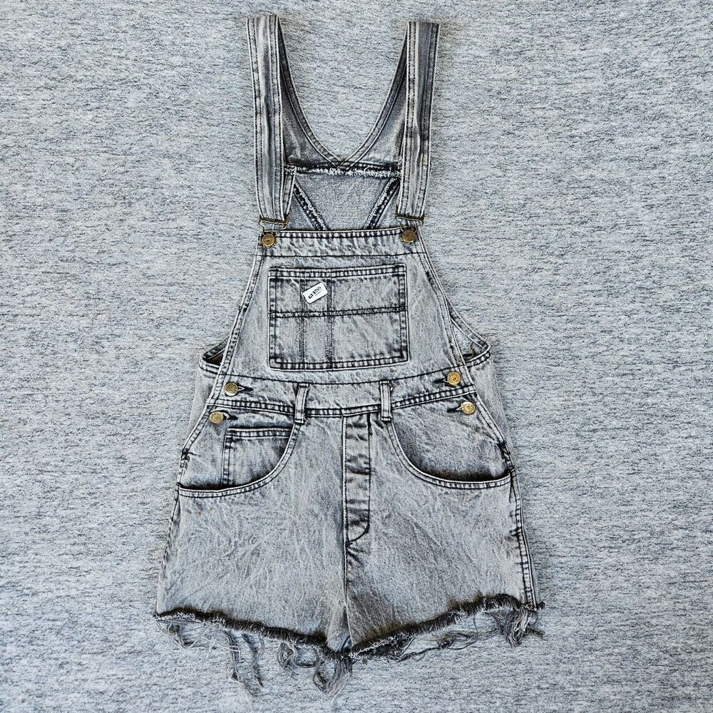 Vintage Guess Frayed Denim Shorts Overalls Size 2 Gray Jeans Shortalls USA VTG